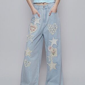 POL Patchwork Jeans with Hearts and Stars